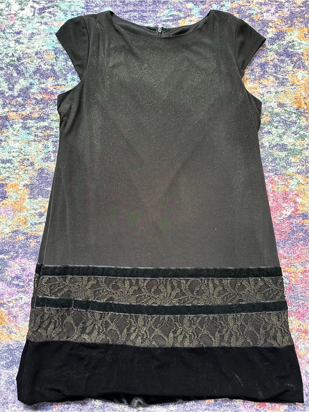 S.L. Fashions Black Gold Lace Velvet Shift Dress Size 16